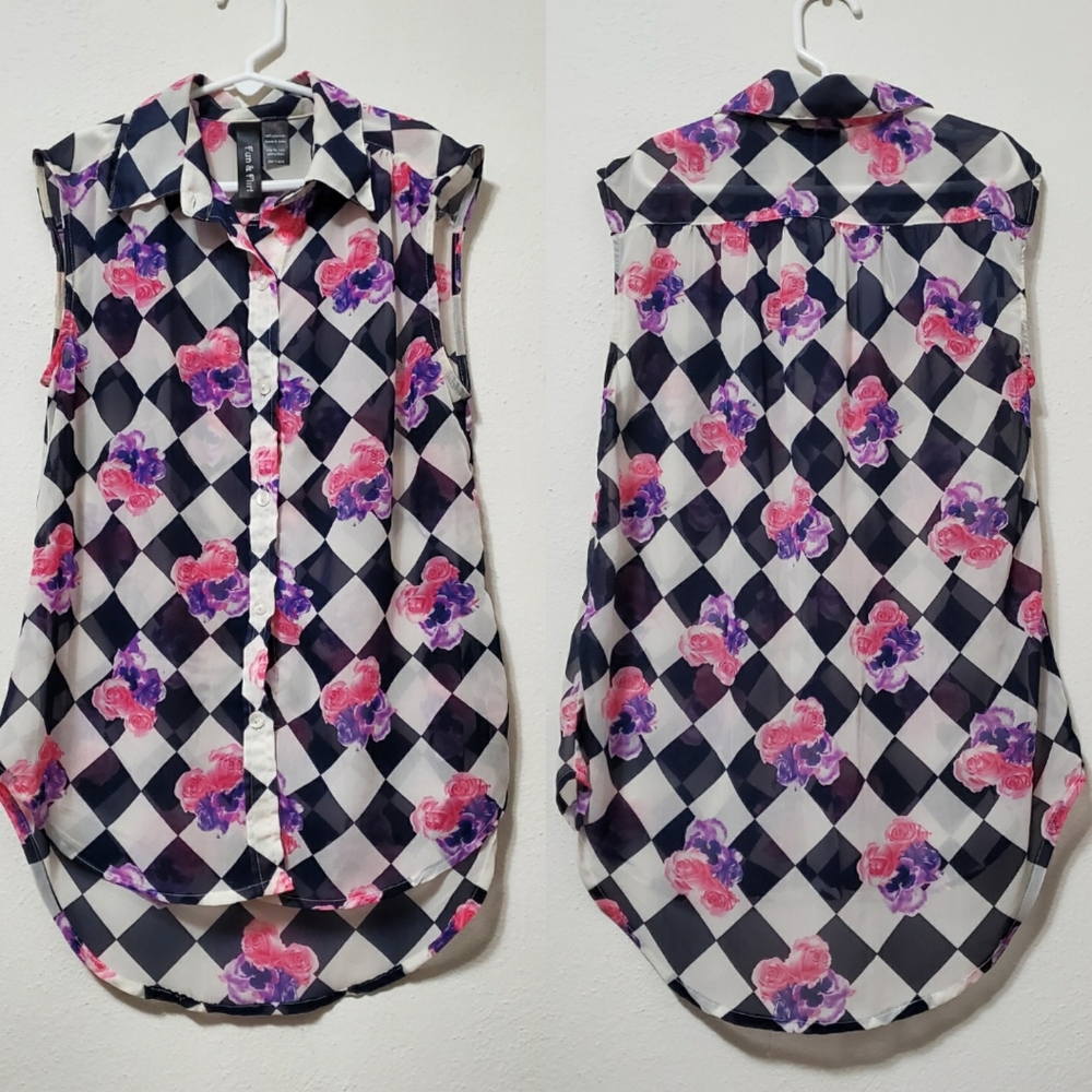 Fun & Flirt Sheer Checkered Floral Top